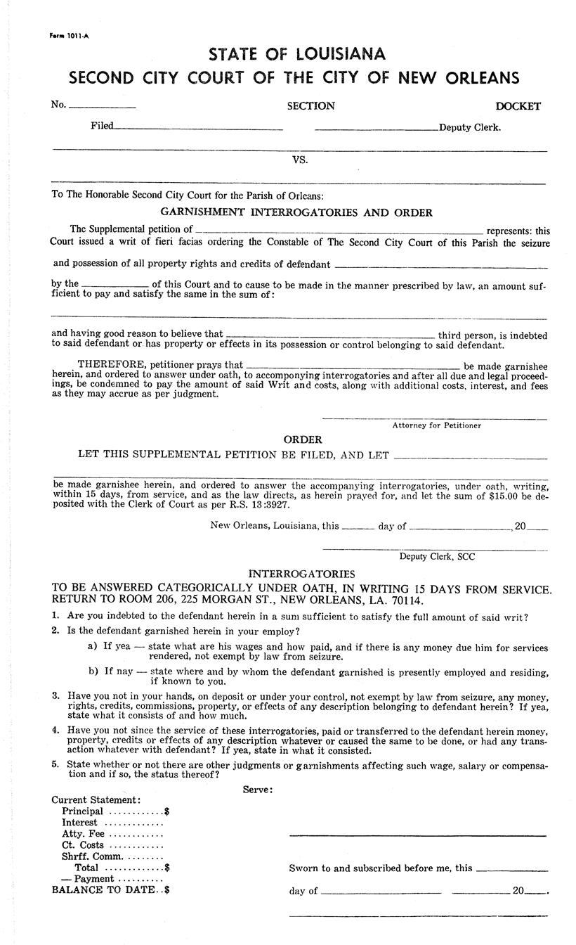 Garnishment Interrogatories And Order (Small Claims) {1011-A] | Pdf Fpdf Docx | Louisiana